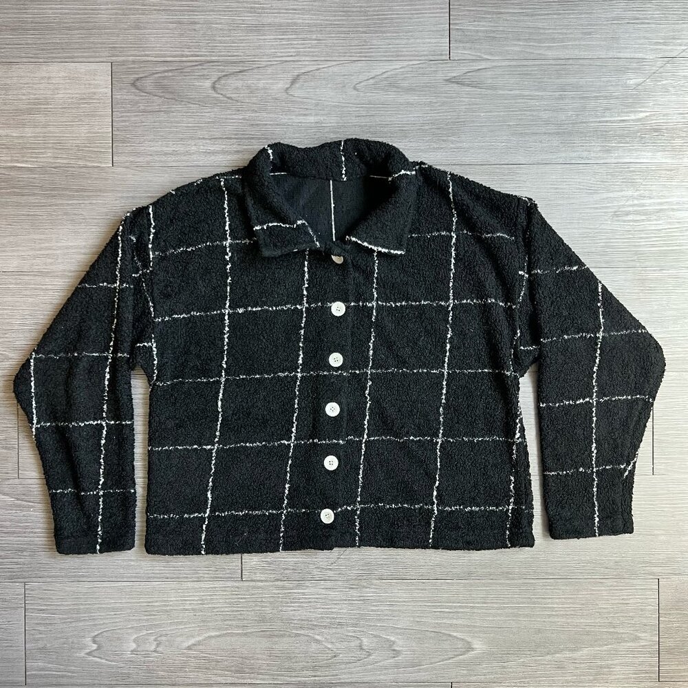 Vintage Back & White Grid Shacket Button Down Cardigan Collared Size L